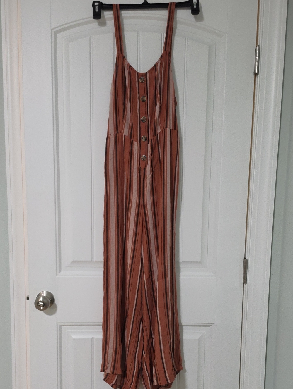 American Eagle Outfitters Rust and Cream Striped Button-Front Jumpsuit